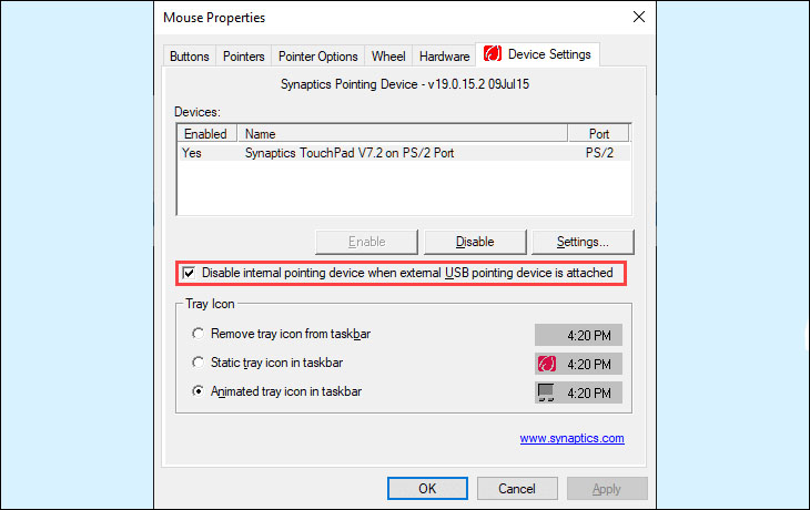 Click để bỏ chọn tùy chọn Disable internal pointing device when external USB pointing device is attached